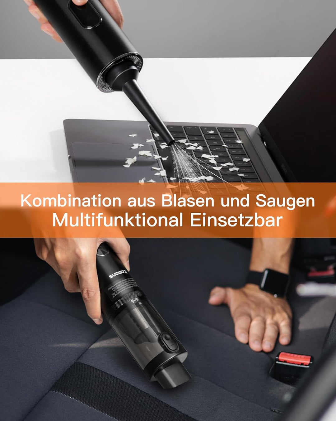 tomons Handstaubsauger, 14000PA Kabelloser Handstaubsauger mit LED-Licht, 3-in-1 Autostaubsauger mit