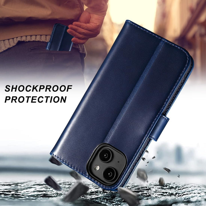 LENSUN Lederhülle für iPhone 14, Echtleder Hülle Klapphülle [Echtes Leder][Bookstyle][RFID-Blocker]