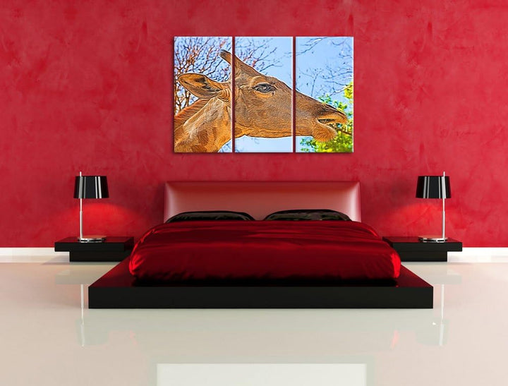 anmutige Giraffe isst Spezial 3-Teiler Leinwandbild 120x80 Bild auf Leinwand, XXL riesige Bilder fer