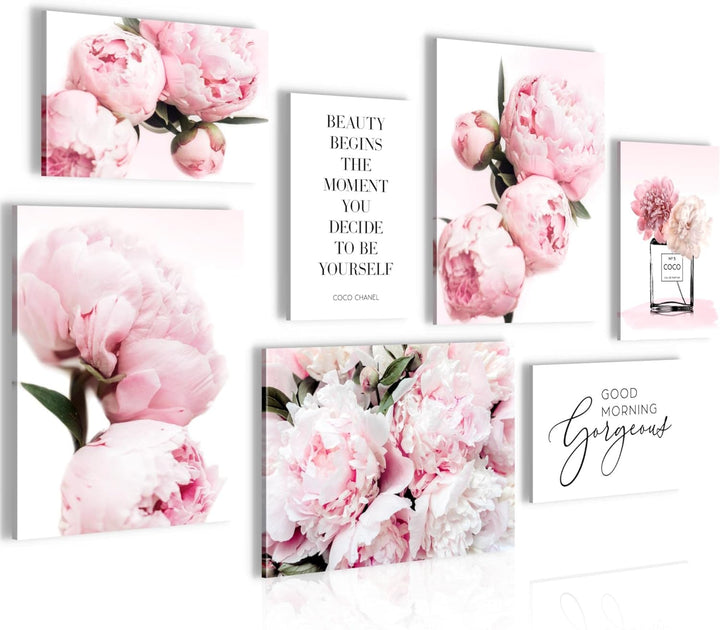 Novart Wandbilder Fashion Blumen - KOMPLETT AUFHÄNGFERTIG - Rosa Wohnzimmer Mädchen Teenager- 7 Mode