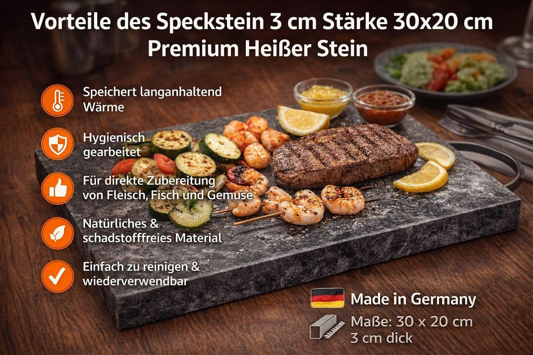Naturstein-Grillplatte aus Speckstein 20×30×3 cm – Hitzebeständige Kochfläche zum Grillen, Braten &