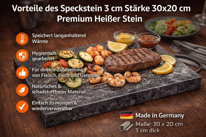 Naturstein-Grillplatte aus Speckstein 20×30×3 cm – Hitzebeständige Kochfläche zum Grillen, Braten &
