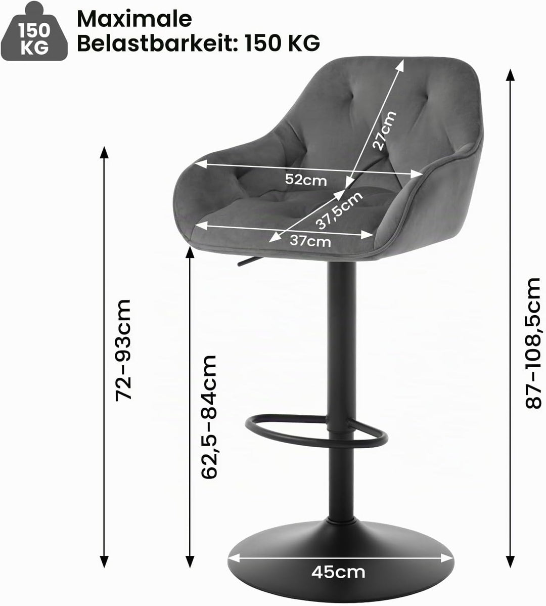 WOLTU Barhocker 2er Set, Barstuhl höhenverstellbar drehbar, Drehstuhl mit Samtbezug, Hocker mit Arml