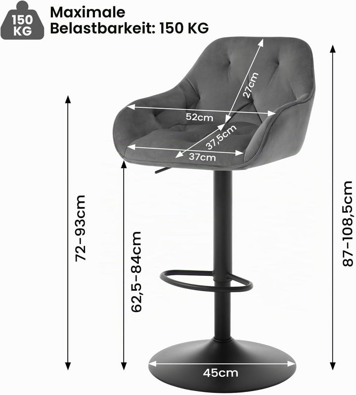 WOLTU Barhocker 2er Set, Barstuhl höhenverstellbar drehbar, Drehstuhl mit Samtbezug, Hocker mit Arml