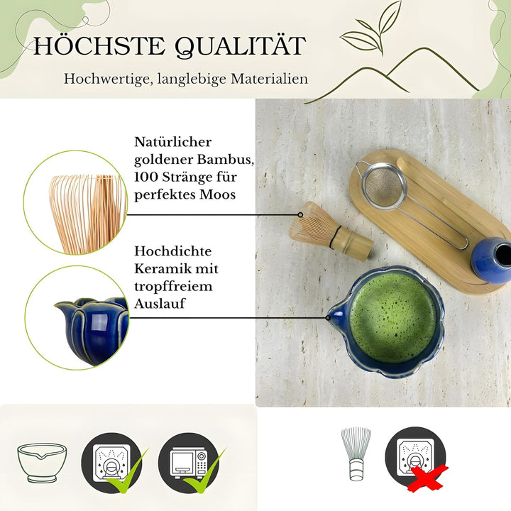 Matcha Set Komplett 10-teilig – Matcha Tee Set mit Schale, Bambusbesen (Chasen), Löffel, Halter & Au
