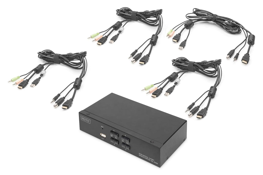 DIGITUS KVM-Switch HDMI – 4-Port Single-Display – 4 PC 1 Monitor – 1x Maus, Tastatur & Audio für 4 C