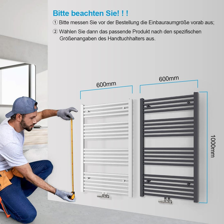 Heilmetz® Handtuchtrockner 60 x 100 cm Badheizkörper Mittelanschluss Heizkörper Bad Handtuchwärmer H