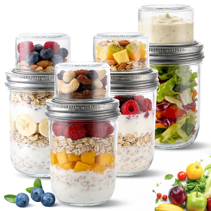 4er Müslibecher to go, 500ml+100ml Overnight Oats Gläser, Joghurtbecher to go mit Doppelschicht-Desi