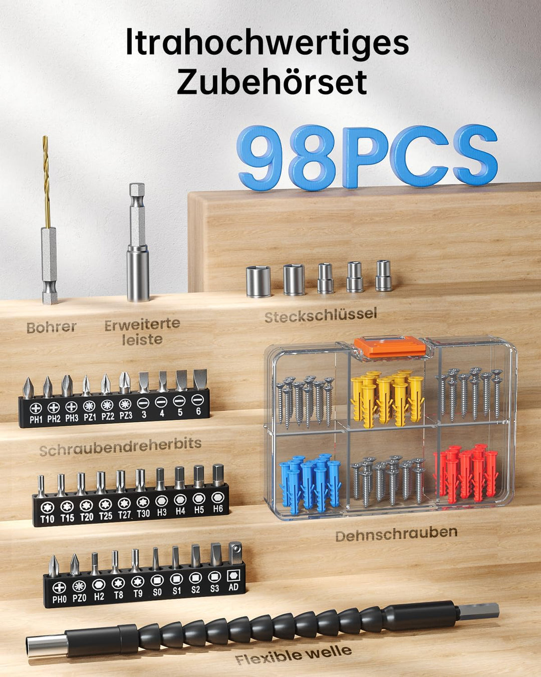 12V Akkuschrauber, 2000 mAh Akkuschrauber Klein, 98tlg Zubehör Akku Bohrschrauber, 25+1 Drehmomentei