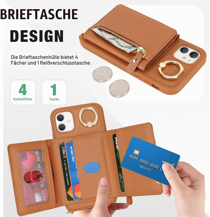 ELTEKER Handyhülle für iPhone 11 Hülle mit Band Kartenfach Ringhalterung Geldbörse,Leder Klapphülle