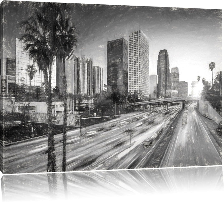 Pixxprint Strassenverkehr in Los Angeles Kohle Zeichnung Effekt, Format: 100x70 auf Leinwand, XXL ri