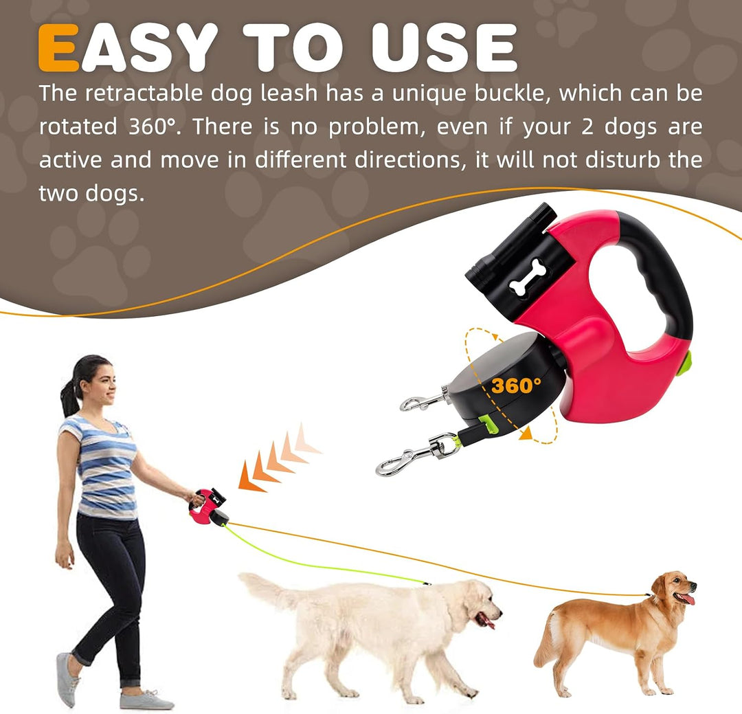 Hundeleine für 2 Hunde, Automatisch Einziehbare Hunde Leine mit Taschenlampe und Taschenspender, Dop
