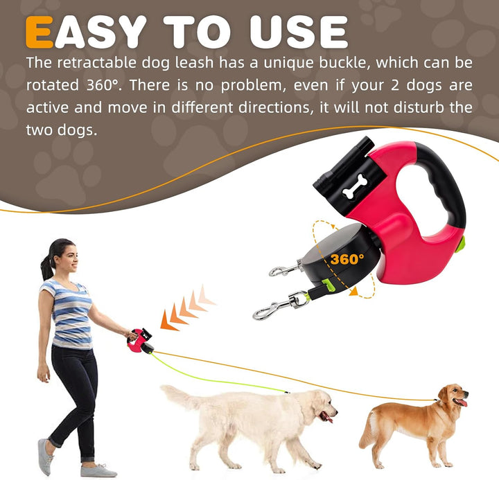Hundeleine für 2 Hunde, Automatisch Einziehbare Hunde Leine mit Taschenlampe und Taschenspender, Dop