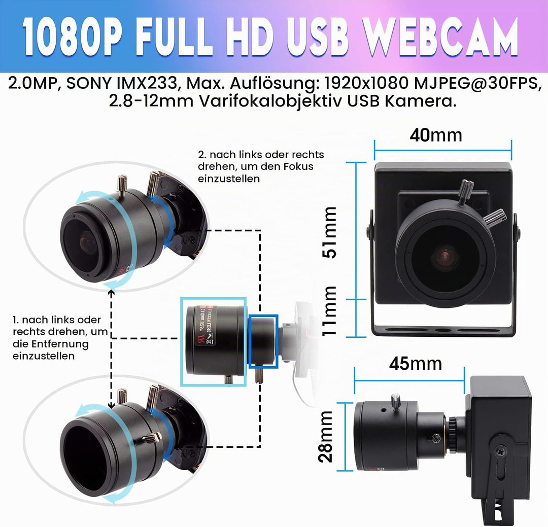 ELP Varifokus Objektiv Web Kamera 1080P USB Computer Business Webcam,2.8-12mm Zoom Objektiv,Weitwink