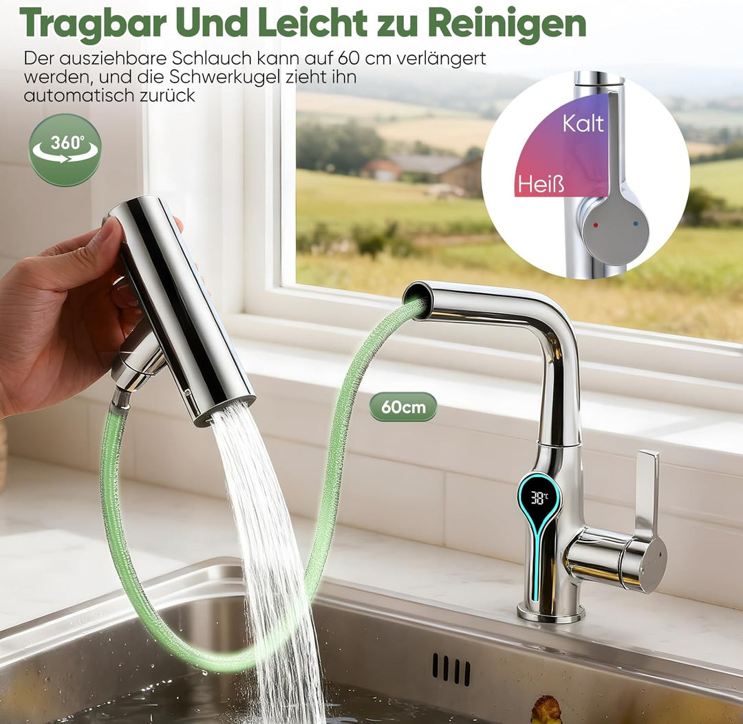 Wasserhahn Küche mit LED Temperaturanzeige, Wasserhahn Küche Ausziehbar, Hochdruck Küchenarmatur mit