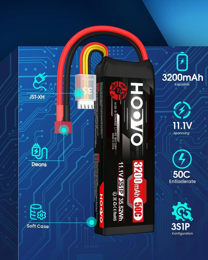 HOOVO 3S Lipo Akku 11,1V 3200mAh 50C SoftCase Lipo Battery mit Deans T Stecker RC Batterie für RC Au