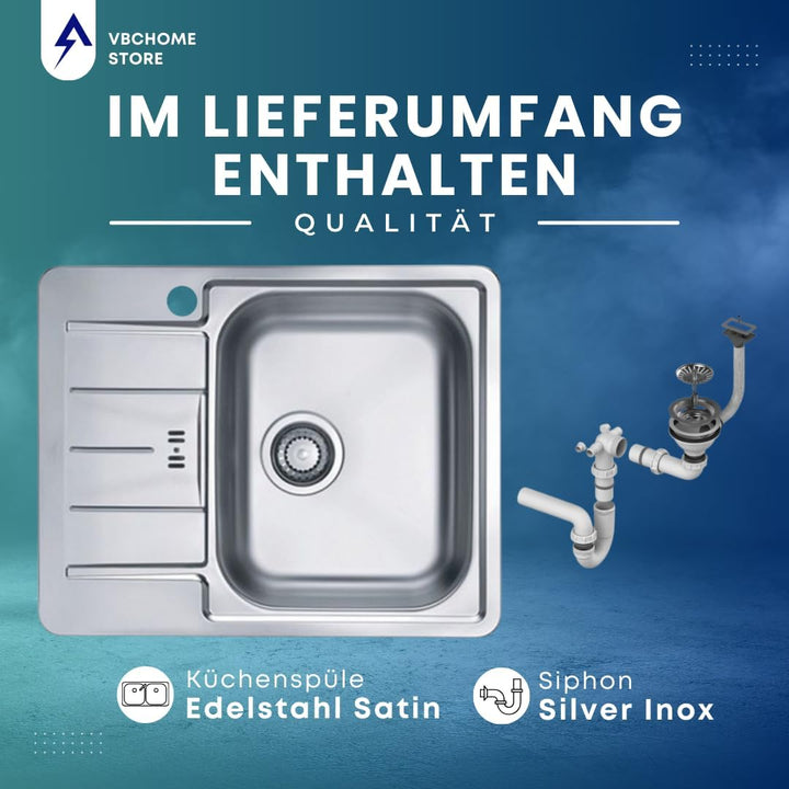 VBChome Edelstahlspüle 62x50 cm Satinstruktur Einbauspüle mit Hahnloch Spülbecken Abtropffläche Link