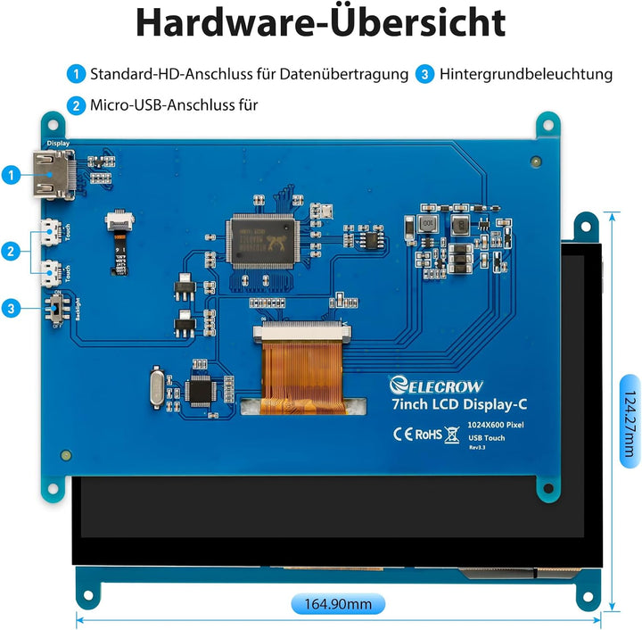 ELECROW Monitor Display Anzeigen IPS Bildschirm-7 Zoll 1024X600 HD TFT LCD mit Touchscreen für Himbe