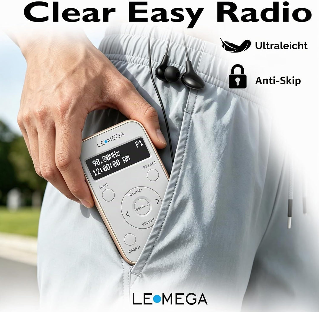 LEMEGA PR1L Taschen-DAB-Radio, FM-Radio, tragbares DAB+-Radio, inkl. Kopfhörer, wiederaufladbare Bat