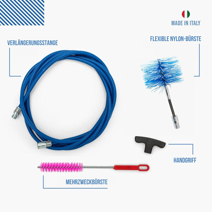 BARETTO Flex Reinigungsset für Pelletöfen | Ø 80 mm | 3 m BLAU | 1 Nylonbürste mit verstärktem Gelen