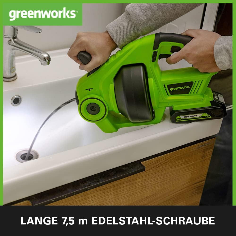 Greenworks G24DA Akku Rohrreinigungsspirale 550rpm, Rohrdurchlass 2,5-5 cm, 7,5 m Edelstahlbohrer OH