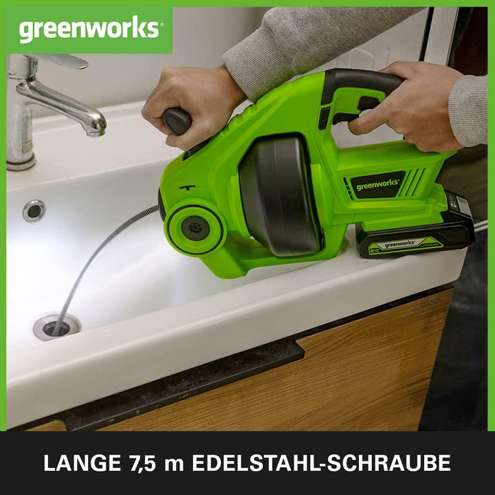 Greenworks G24DA Akku Rohrreinigungsspirale 550rpm, Rohrdurchlass 2,5-5 cm, 7,5 m Edelstahlbohrer OH
