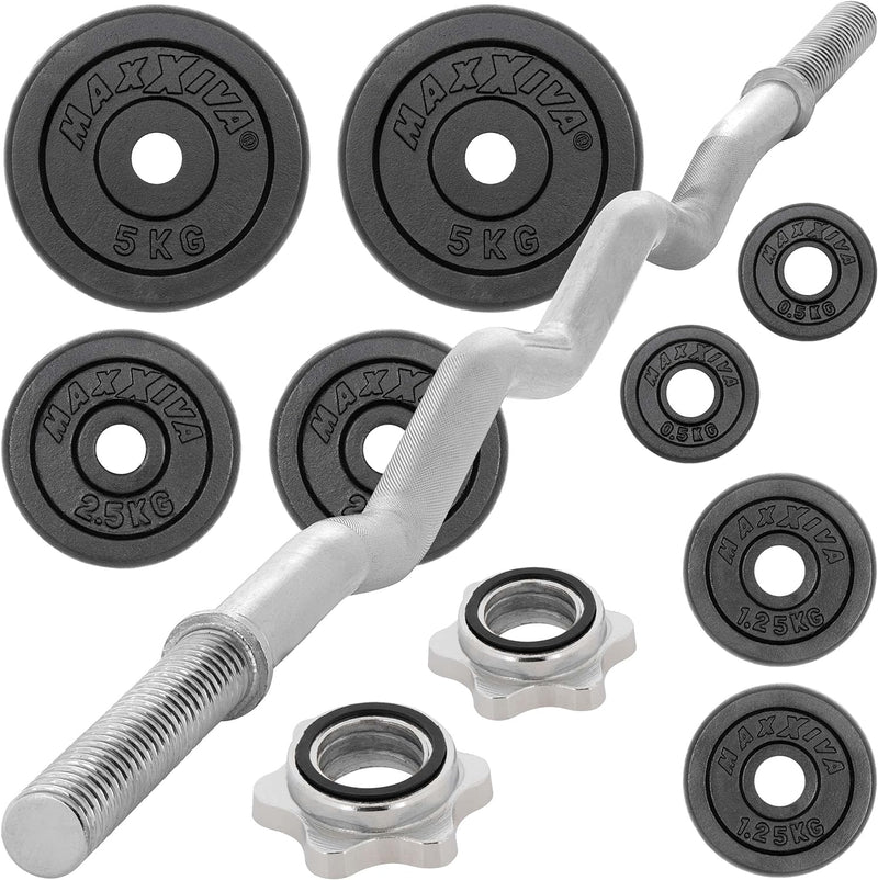 MAXXIVA Curl-Set 120 cm 26 kg 8 Gewichte Gusseisen Krafttraining Zugstange silber verchromt Workout