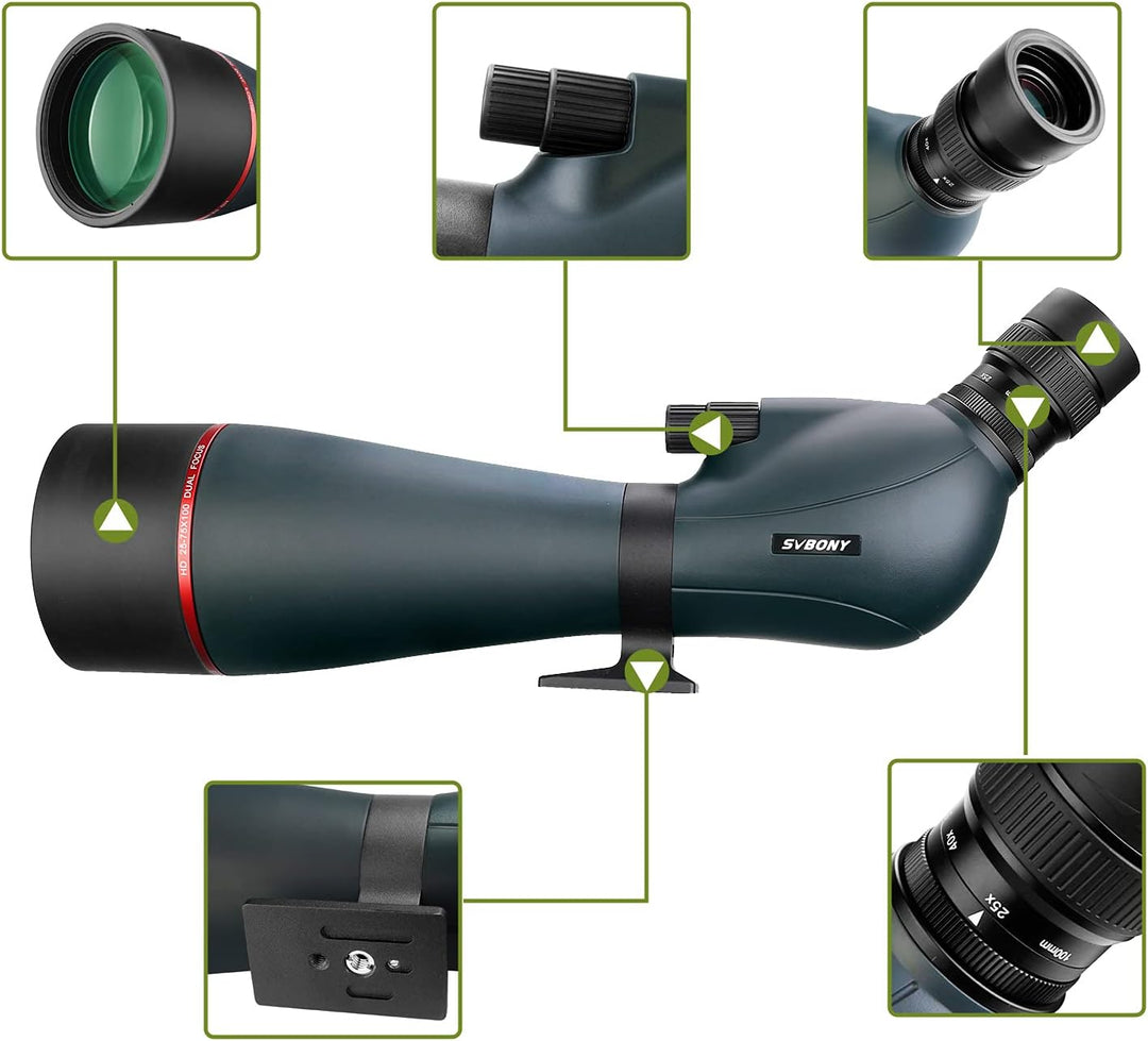 Svbony SV406 Spektiv 25-75x100, Doppelfokus FMC Porro Beschichtungsprisma, Wasserdichtes Abgewinkelt