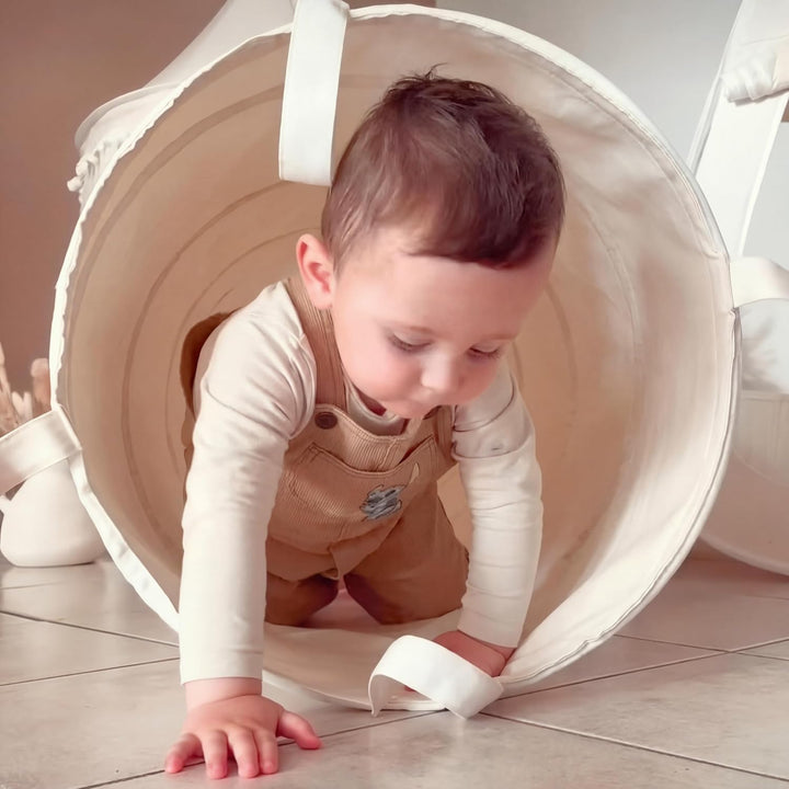 LIONHERZ® Spieltunnel für Kinder aus Baumwolle/Hanf mit Klettverschlüssen [180cm x 46cm] Krabbeltunn