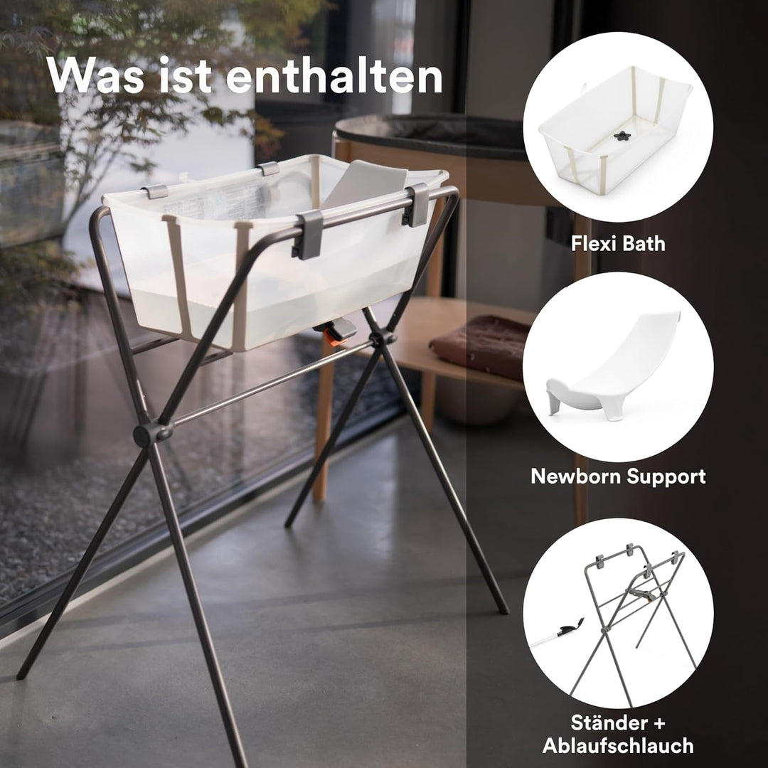 Stokke Flexi Bath (Sandy Beige) + Newborn Support + Flexi Bath Stand - Ideal für Neugeborene & Kinde