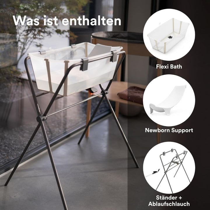 Stokke Flexi Bath (Sandy Beige) + Newborn Support + Flexi Bath Stand - Ideal für Neugeborene & Kinde