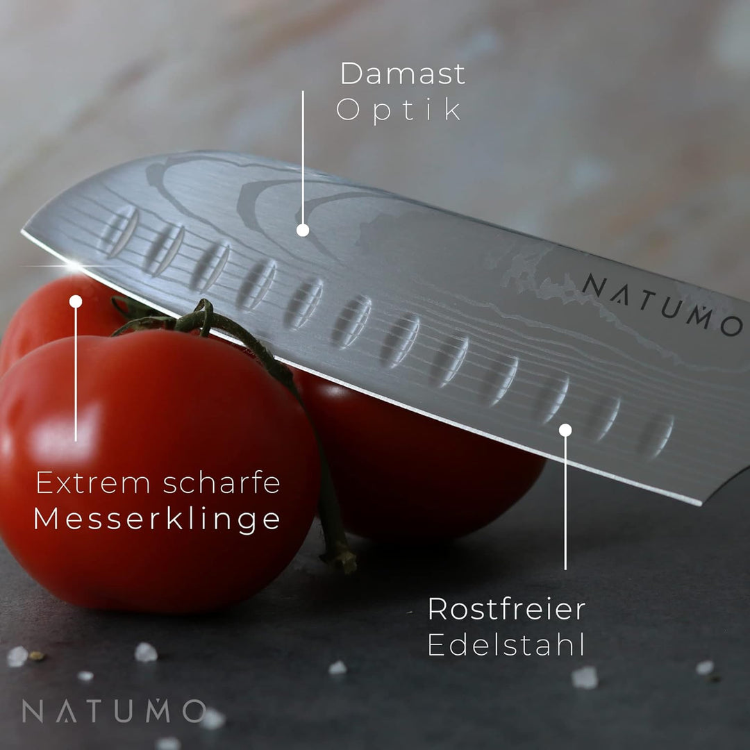 NATUMO Küchenmesser Set 9-teilig. HRC 56+ scharfes Messerset Profi in Damast-Optik aus Allzweckmesse