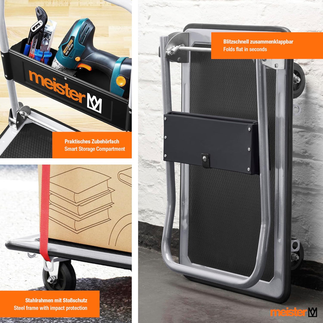Meister Plattformwagen - Klappbar - Bis 300 kg Tragkraft - Feststellbremse / Transporthilfe mit Lenk