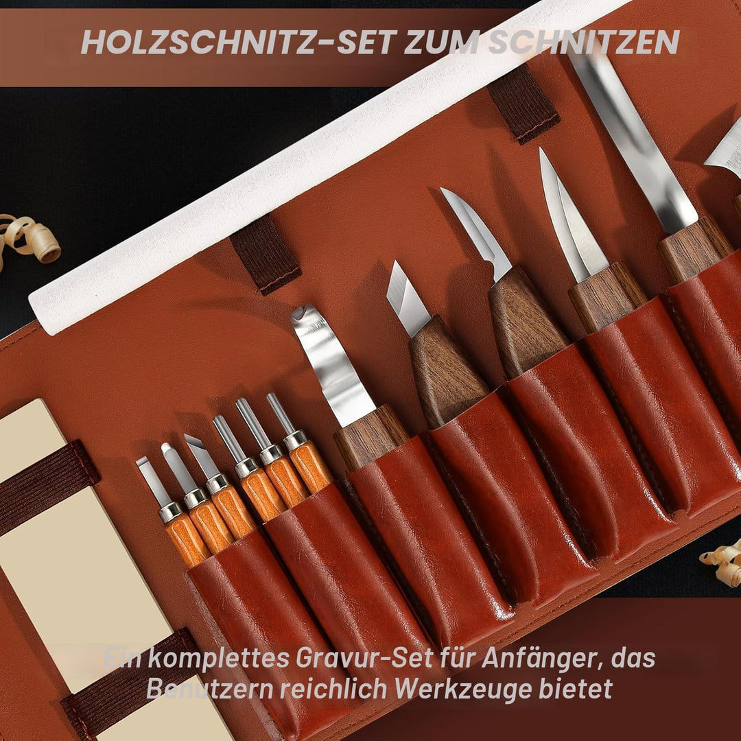 Schnitzwerkzeug Set, 17 PCS Holzschnitzwerkzeuge mit Handschuhe, Aufbewahrungstasche und Anspitzer,
