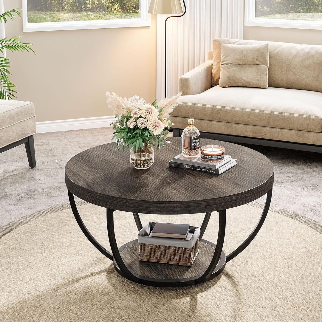 Tribesigns Runde Couchtisch, Industrial 2-Tier-Kreis Couchtisch mit Lagerung Regale, Moderne hölzern