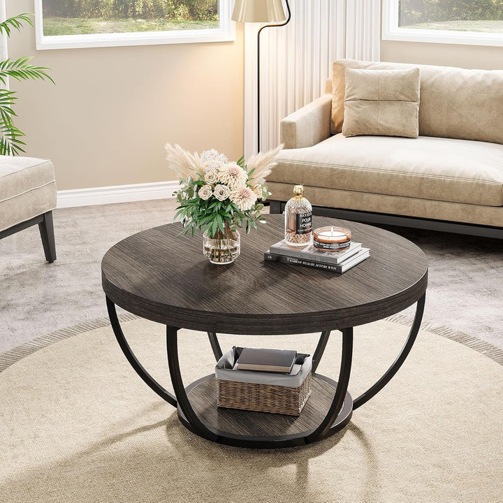Tribesigns Runde Couchtisch, Industrial 2-Tier-Kreis Couchtisch mit Lagerung Regale, Moderne hölzern