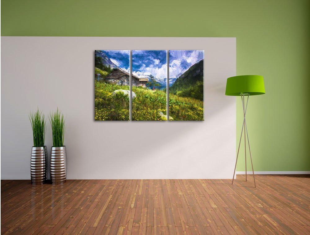 Pixxprint Berghütte Pinsel Effekt 3-Teiler Leinwandbild 120x80 Bild auf Leinwand