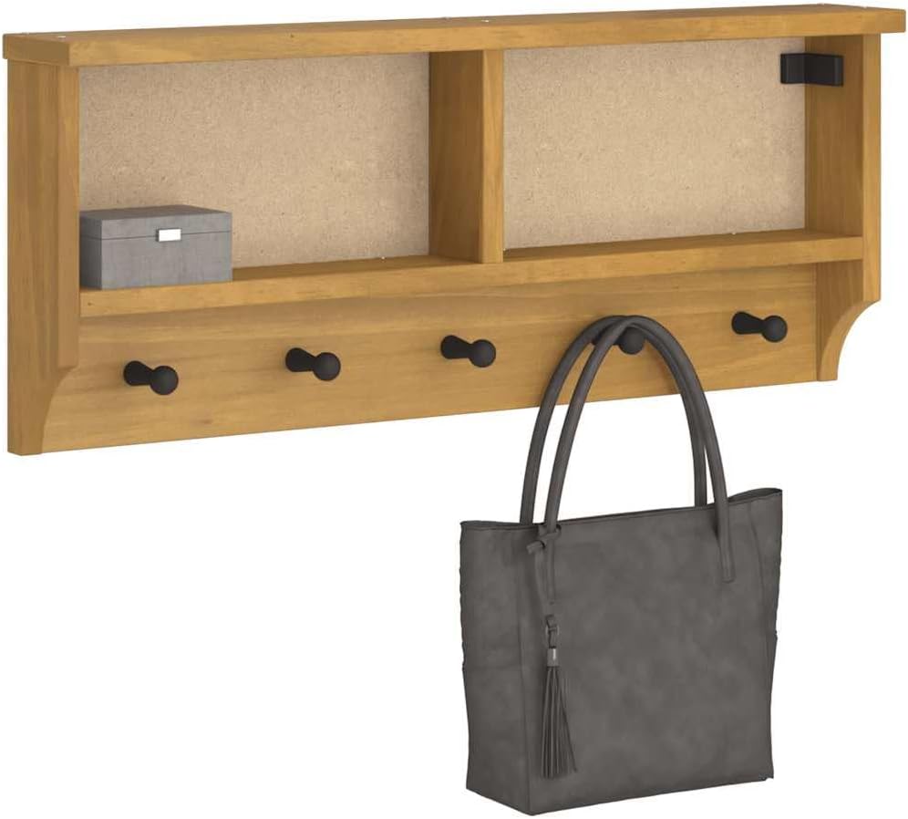 Hothingwell Wandgarderobe, massives Kiefernholz, 87 x 12 x 35 cm | Walnuss-Finish, Haken für Mäntel