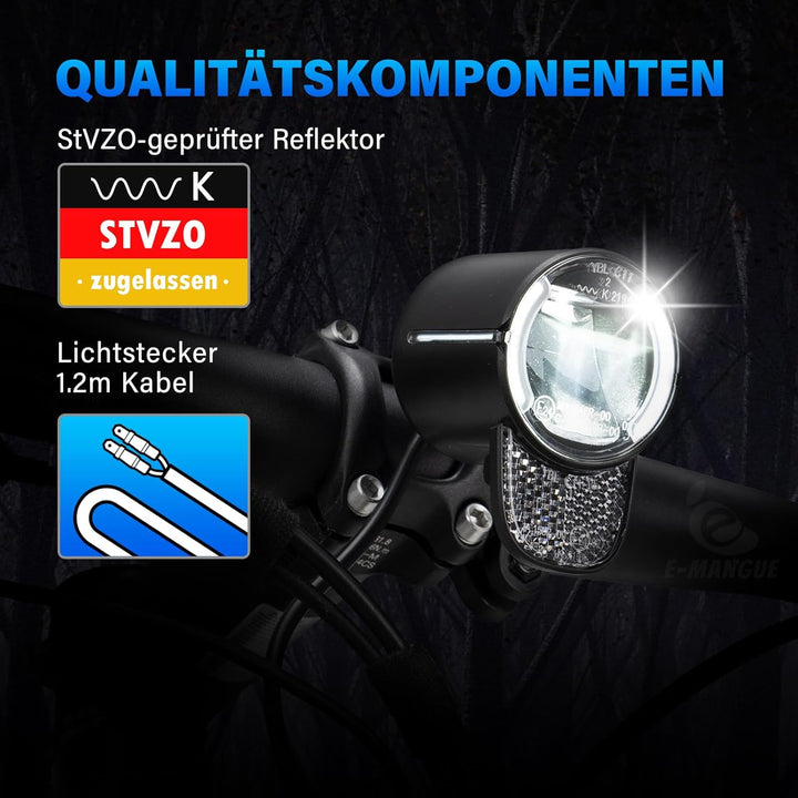 E-Bike LED Fahrradlicht Vorne, 60LUX StVZO Zulassung Frontlicht, Fahrradlicht mit Reflektor, Fahrrad