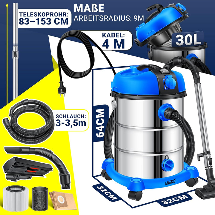 MASKO® Industriestaubsauger Staubsauger Nass Trocken Sauger Edelstahl 2300W + Steckdose | Blasfunkti