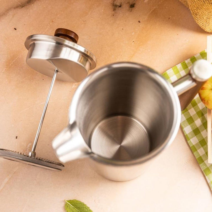 KINGHoff French Press 1 Liter, Edelstahl 304, Doppelwandig, Holzgriff, Thermodruck, Edelstahl, Mikro