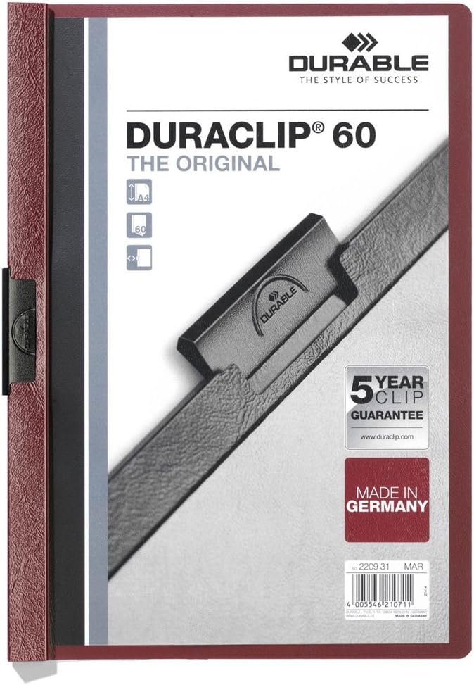 Durable Klemm-Mappe Duraclip Original 60 (für 1-60 Blatt A4), 25 Stück, aubergine/dunkelrot, 220931