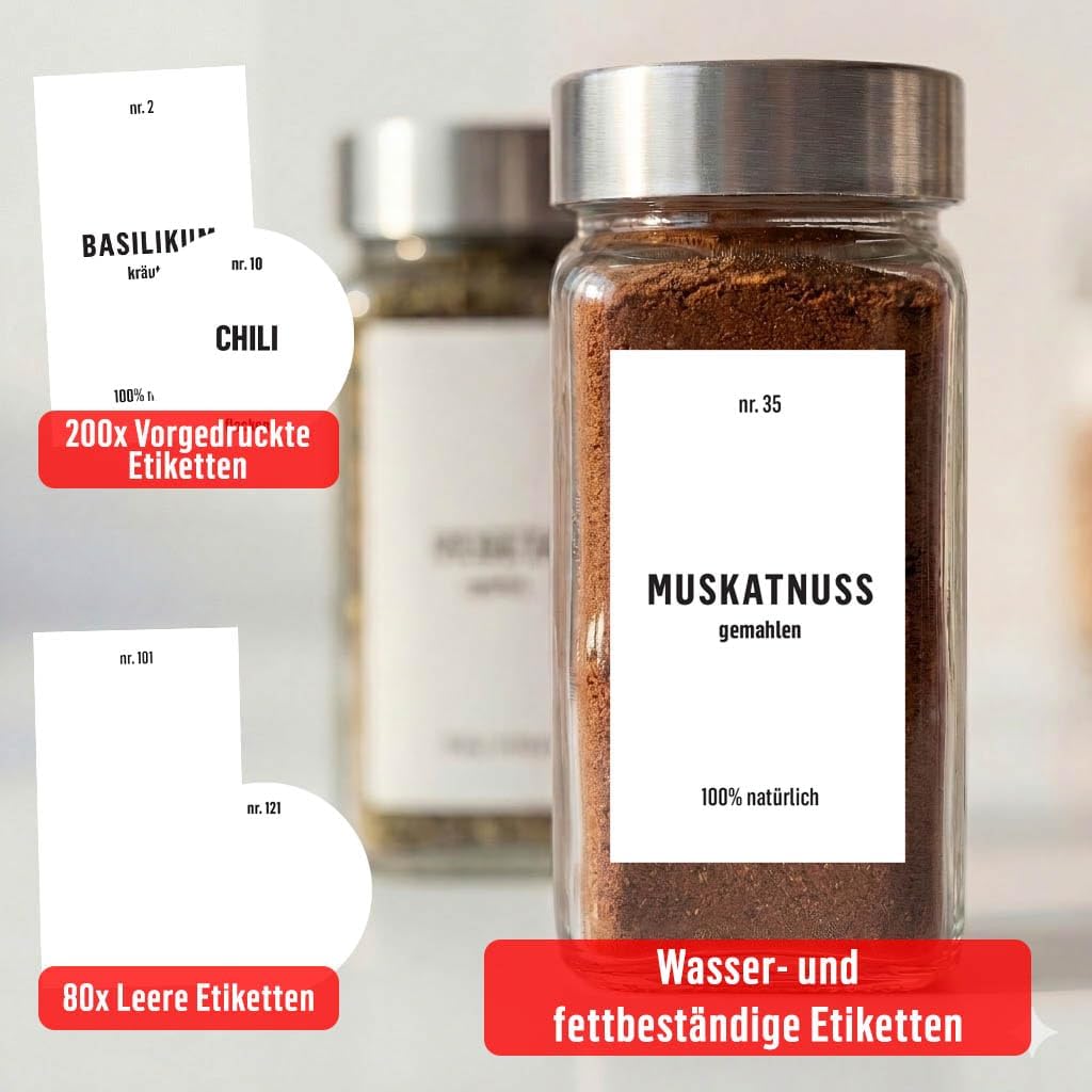 Deco haus® Gewürzgläser eckig mit Schraubkappe 36er Set [+Etiketten &amp; Streueinsatz] - Gewürzdosen Se