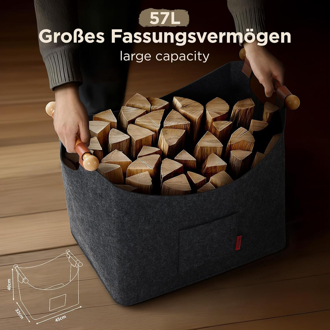 Holzkorb für Kaminholz aus Filz, grosser Kaminholzkorb 45x32x40cm, faltbare Filztasche mit rutschfes