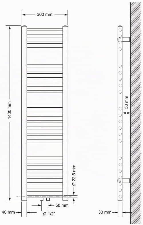 ECD Germany Badheizkörper - 300 x 1400 mm - Weiss - gerade mit Mittelanschluss - Heizkörper Handtuch