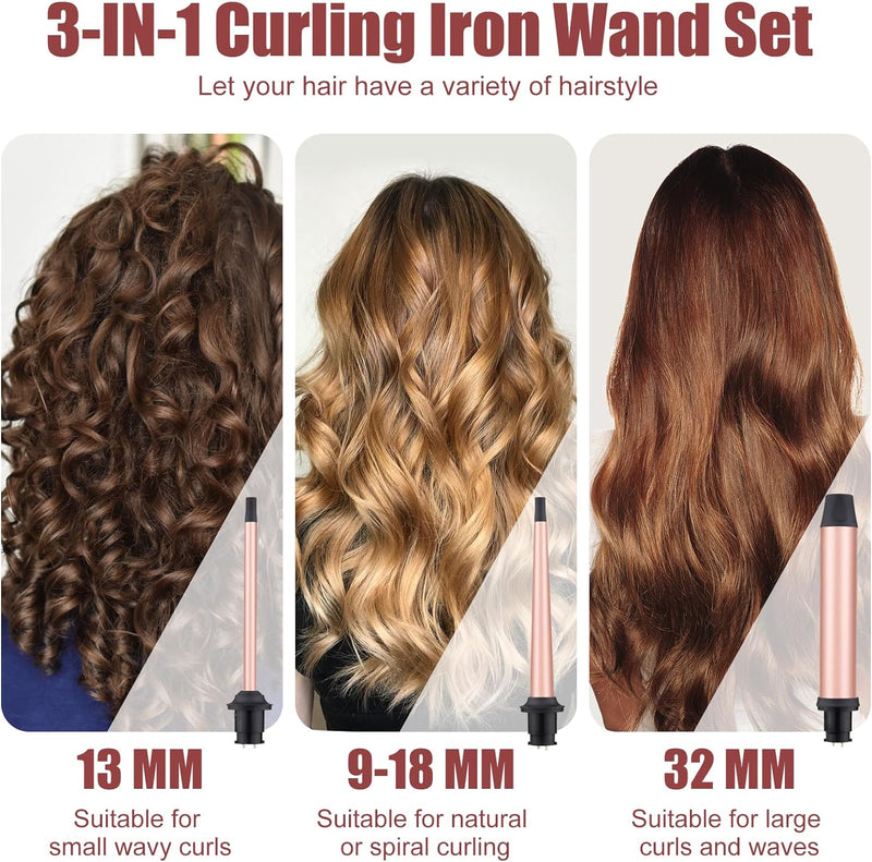 3 in 1 Lockenstab Set mit Verschiedenen Aufsätzen Grosse Kleine Locken Beach Waves Welleneisen Curli