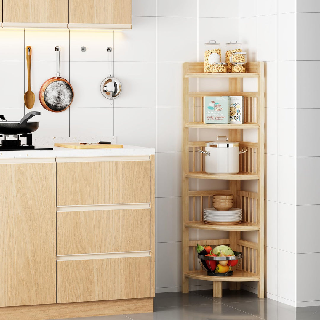 Dripex Eckregal stehend, Eckregal Bambus, Standregal mit 5 Ablagen, 110x30x30cm, Platzsparend, Klein