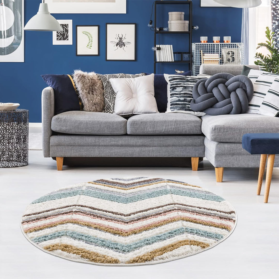 payé Teppich Rund - Hochflor - 120x120cm - Boho - Geometrisch Zick Zack - Muster -Pastellfarben Mult