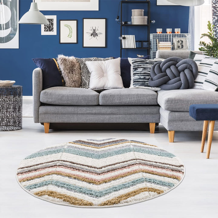 payé Teppich Rund - Hochflor - 120x120cm - Boho - Geometrisch Zick Zack - Muster -Pastellfarben Mult