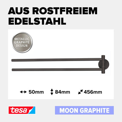 tesa Moon Graphite Handtuchhalter 2-armig in gebürstetem Grafit - Selbstklebende Handtuchstange aus